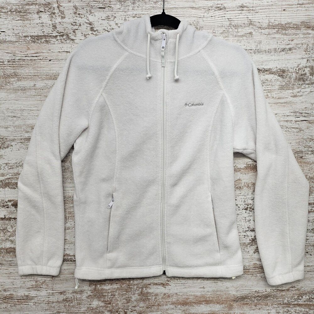 Columbia Hoodie Fleece Jacket Womens Large White Full Zip Pocket Outdoor Hiking